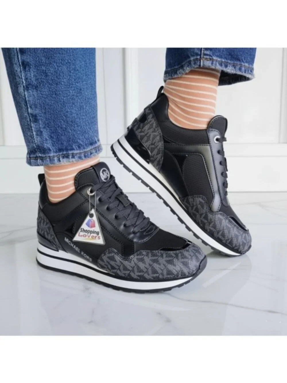 ❤️MICHAEL KORS WILMA Trainer Sneaker 10 Womens Shoes Black Monogram MK Logo New - Picture 4 of 11